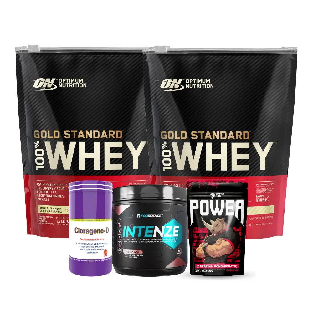 2 unid Gold Standard 22 serv + Intenze 14 serv + Creatina Power 300 g + Clorágeno-D