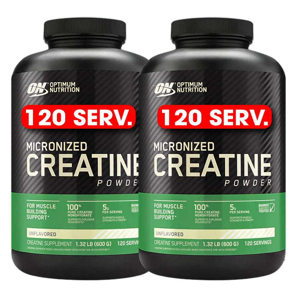 Dos botellas de creatina micronizada Optimum Nutrition, 120 porciones, para apoyo muscular