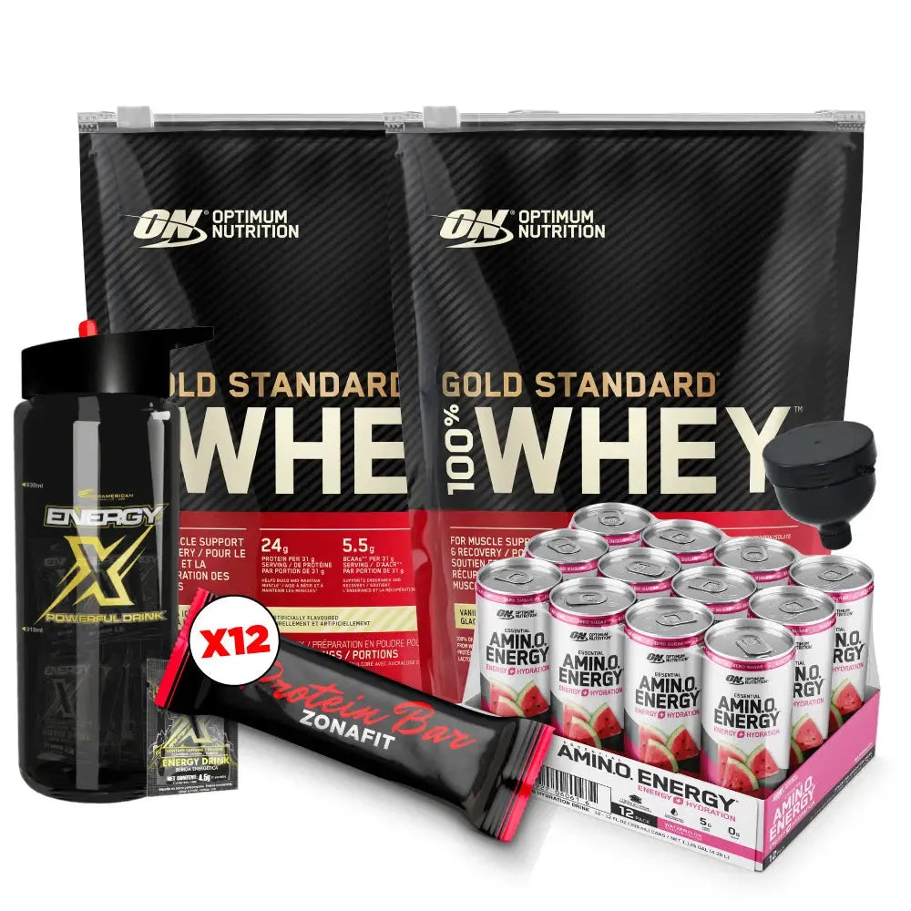 2 unid Gold Standard 22 serv + Barras de Proteína 12 unid + Latas Amino Energy 12 und + Obsequio - Zona FIT