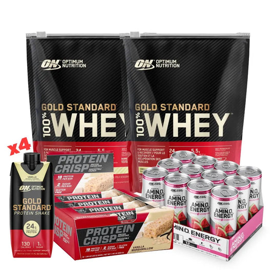 2 unid Gold Standard 22 serv + Barras de Proteína 12 unid + Latas Amino Energy 12 und + 4 unid Protein Shake - Zona FIT