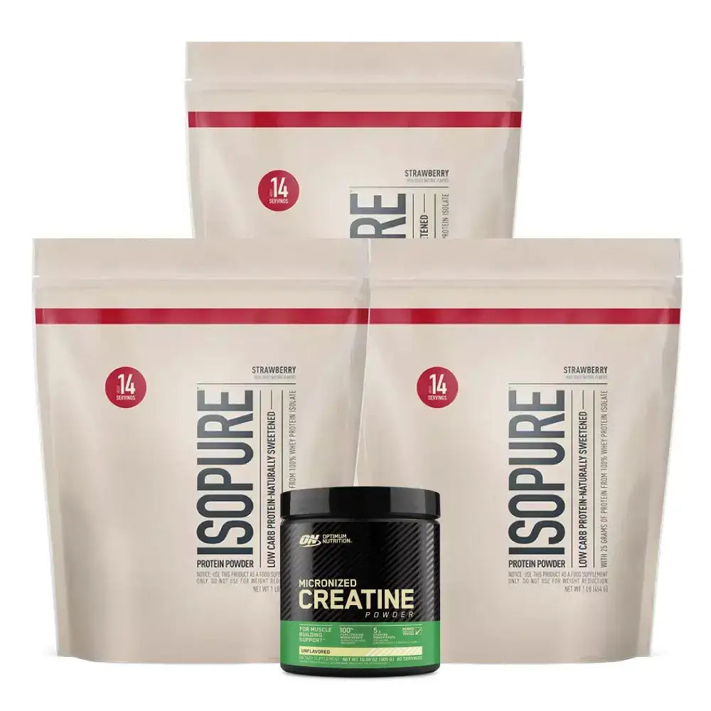 Suplementos Isopure proteína y creatina micronizada para fitness y entrenamiento muscular