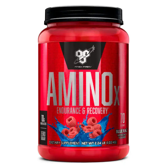 Suplemento aminoácidos AminoX para resistencia y recuperación, sabor blue razz, sin azúcar