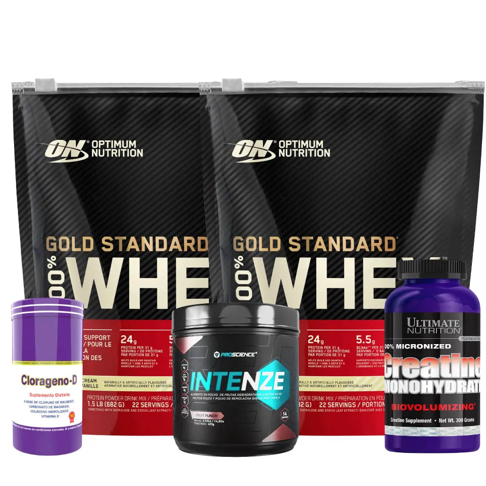 2 unid Gold Standard 22 serv + Intenze 14 serv + Creatine Ultimate 300 gr + Clorageno-D - Zona FIT