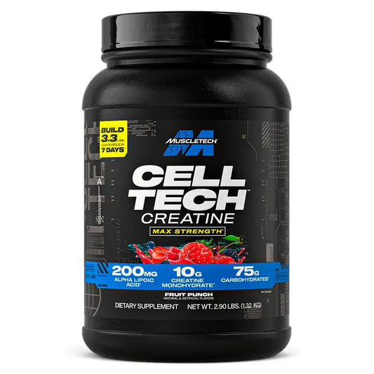 Suplemento Cell Tech Creatina Max Strength sabor Fruit Punch, 10g creatina monohidrato, 200mg ácido alfa lipoico