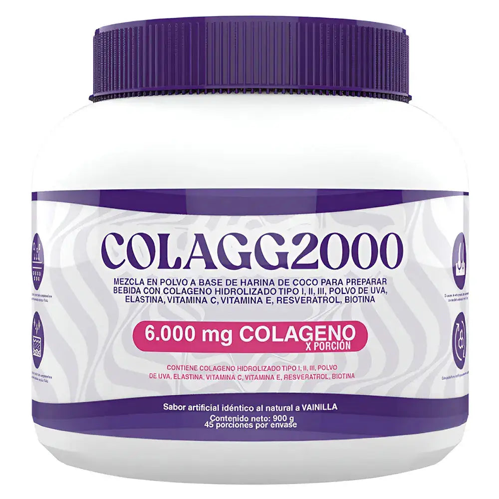 ColagG2000 suplemento con 6000 mg de colágeno hidrolizado, vitamina C y E, sabor vainilla