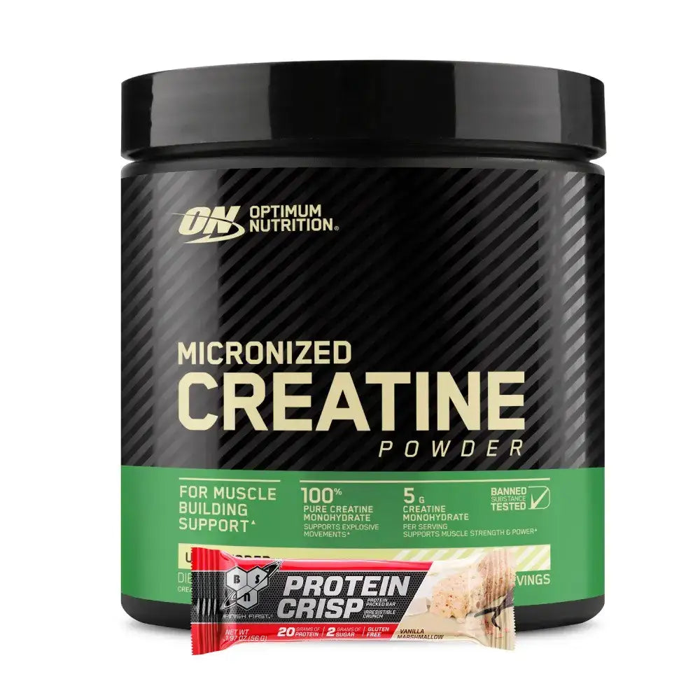 Creatina micronizada Optimum Nutrition para ganar masa muscular y fuerza, con barra proteica incluida