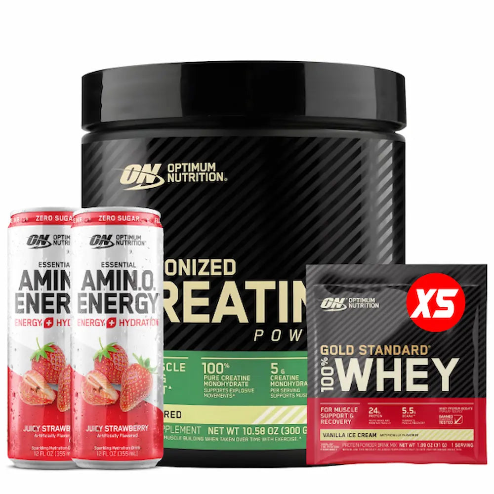 Creatine Optimum 60 Serv + latas Amino Energy + sobres de proteína