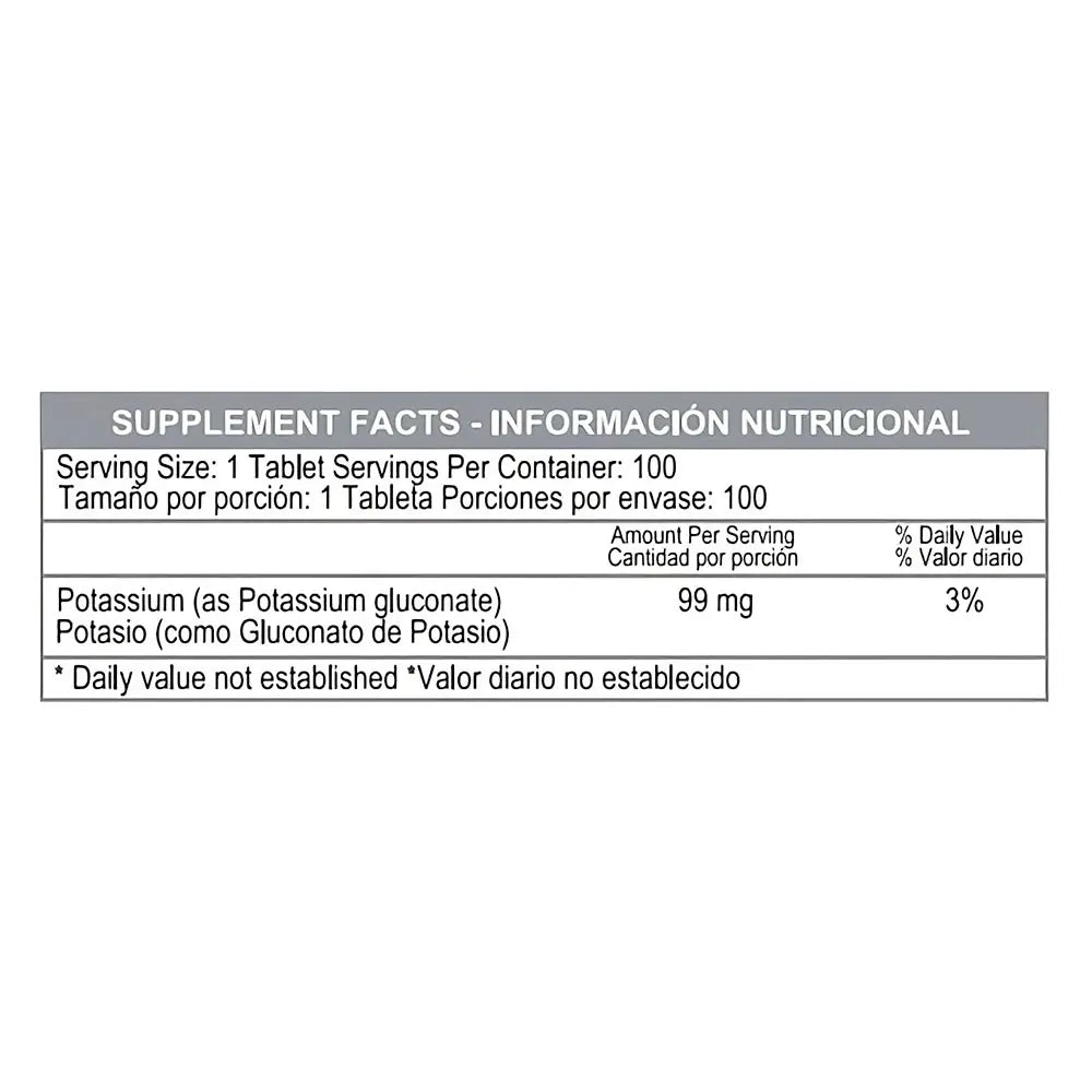Tabla de hechos nutricionales de suplemento con potasio, 99 mg por tableta, ideal para fitness y deporte