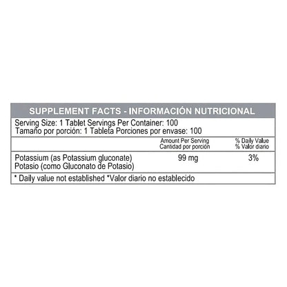 Tabla de hechos nutricionales de suplemento con potasio, 99 mg por tableta, ideal para fitness y deporte