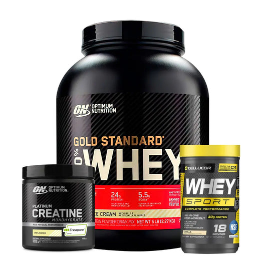 Gold Standard 5 LB + Whey Sport 18 Serv + Platinum Creatine Optimum 100 Serv