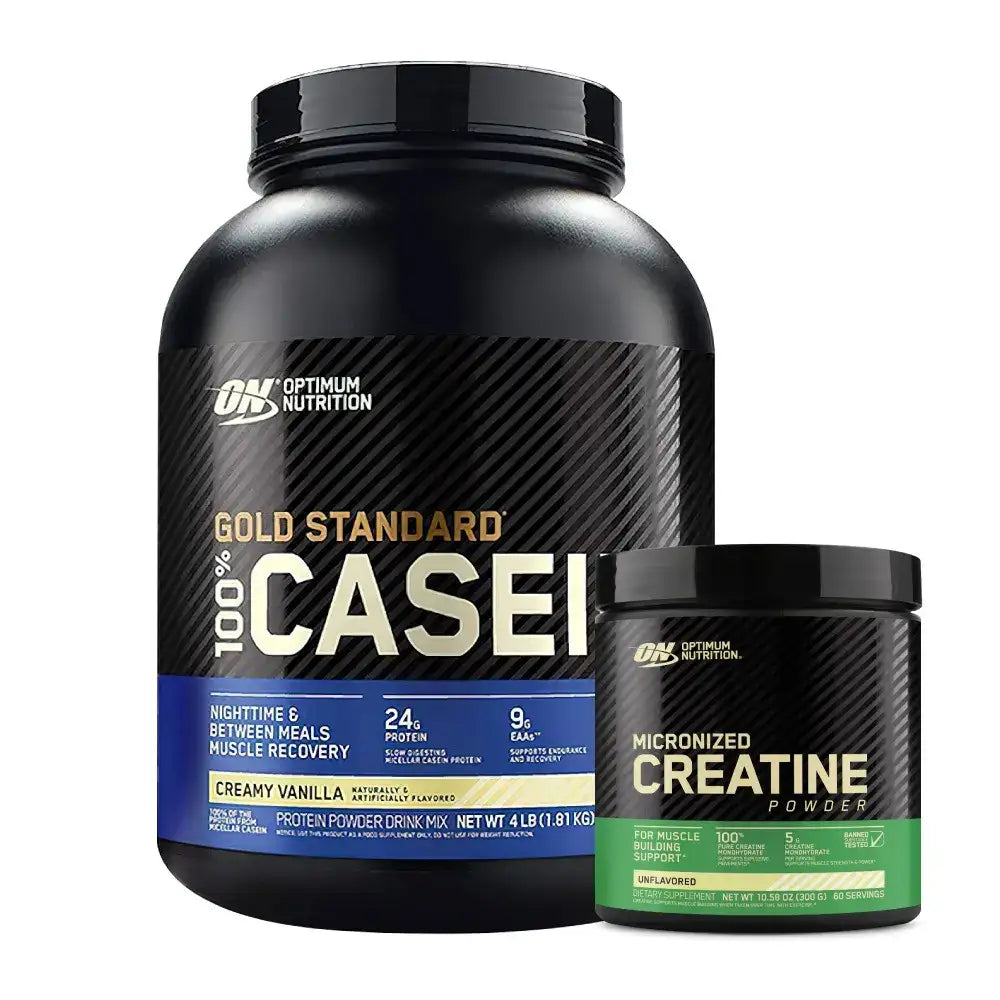 Proteína Gold Standard 100% Caseína sabor vainilla y creatina micronizada para recuperación muscular y construcción de masa