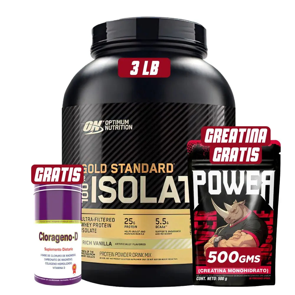 Proteína Optimum Nutrition Gold Standard Isolate 3 lb + creatina y clorageno gratis