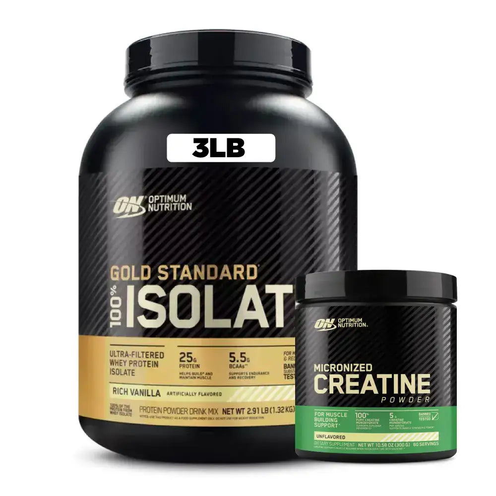 Proteína aislada Gold Standard 3LB y creatina micronizada Optimum Nutrition para ganar masa muscular