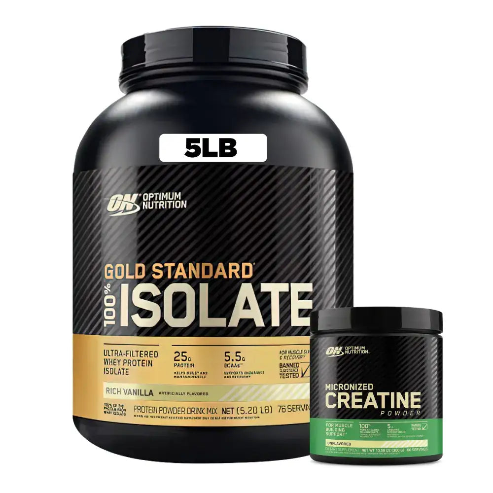 Proteína aislada Gold Standard 5LB y creatina micronizada Optimum Nutrition para ganar masa muscular
