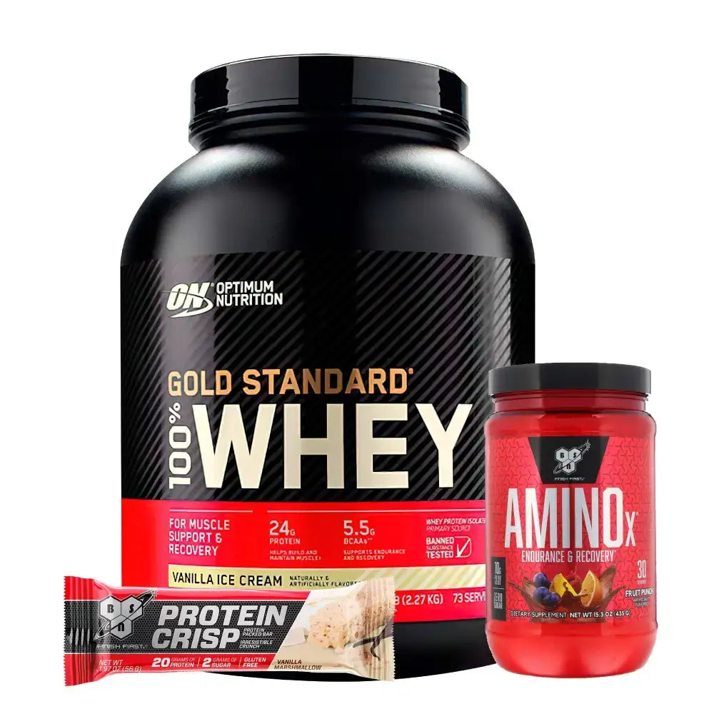 Proteína whey Gold Standard, aminoácidos AminoX y barra Protein Crisp para recuperación muscular