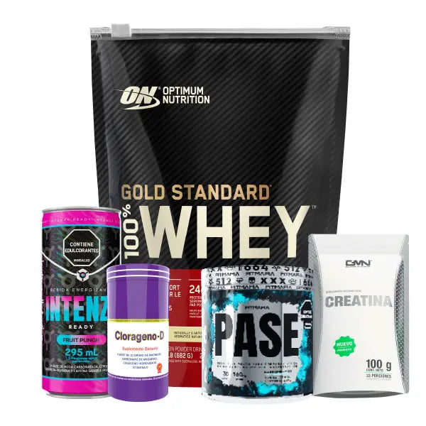 Gold Standard 22 serv + Pase 30 serv + Creatine 100 gr + Clorageno-D + Intenze Lata