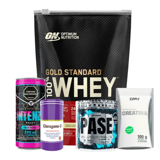 Gold Standard 22 serv + Pase 30 serv + Creatine 100 gr + Clorageno-D + Intenze Lata