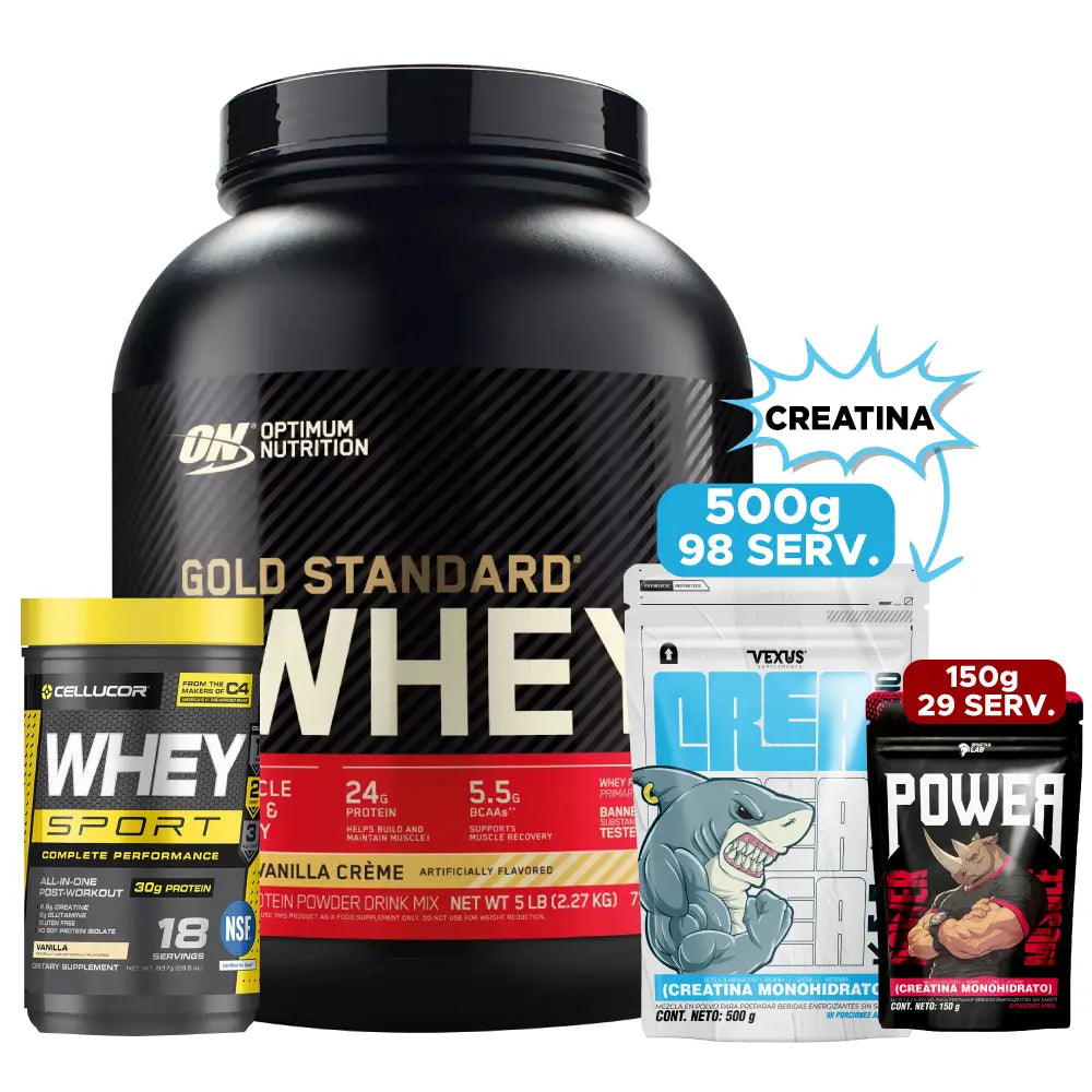 Gold Standard 5 LB + Whey Sport 18 Serv + Creatinas 500 g y 150 g
