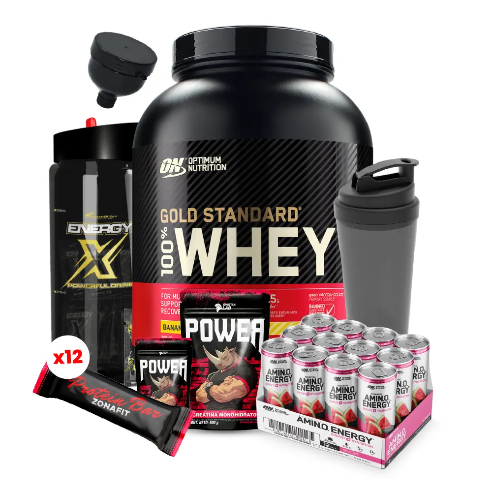 Gold Standard 5 lb + Creatina Power 500 g y 150 g + 12 und Lata Amino Energy + 12 und barras de proteína