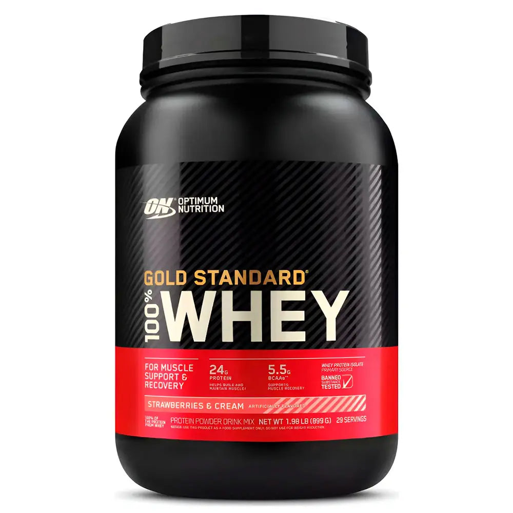 Proteína en polvo Gold Standard 100% Whey sabor fresas y crema, para apoyo muscular y recuperación