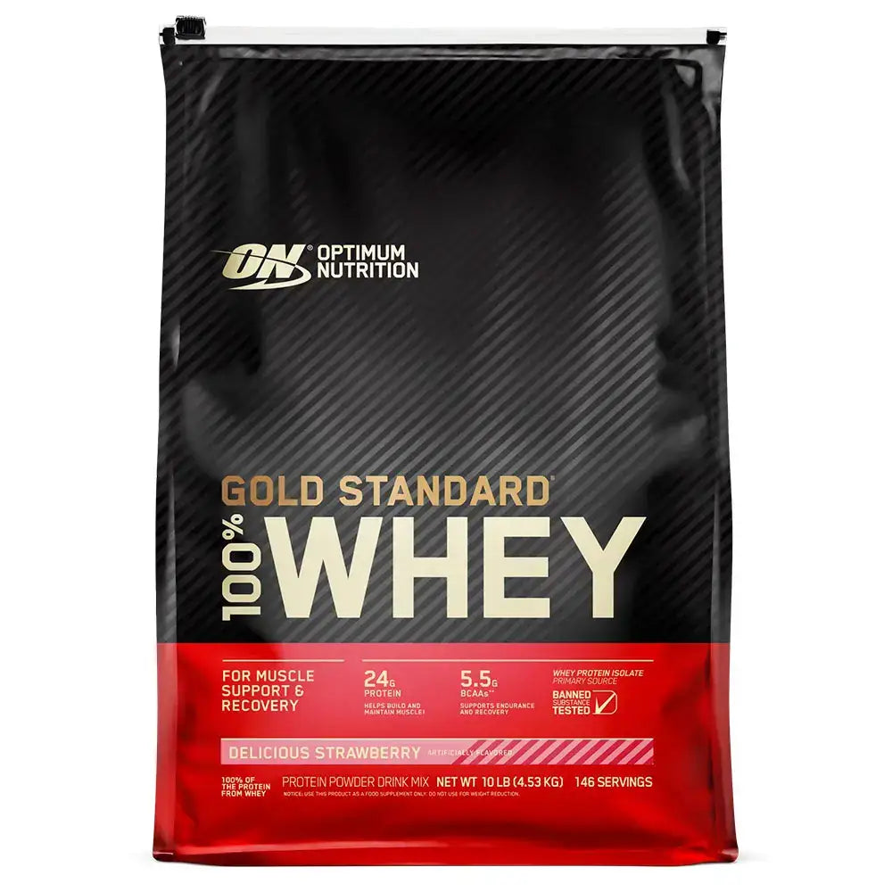 Proteína en polvo Optimum Nutrition Gold Standard 100% Whey sabor fresa, para recuperación muscular y entrenamiento