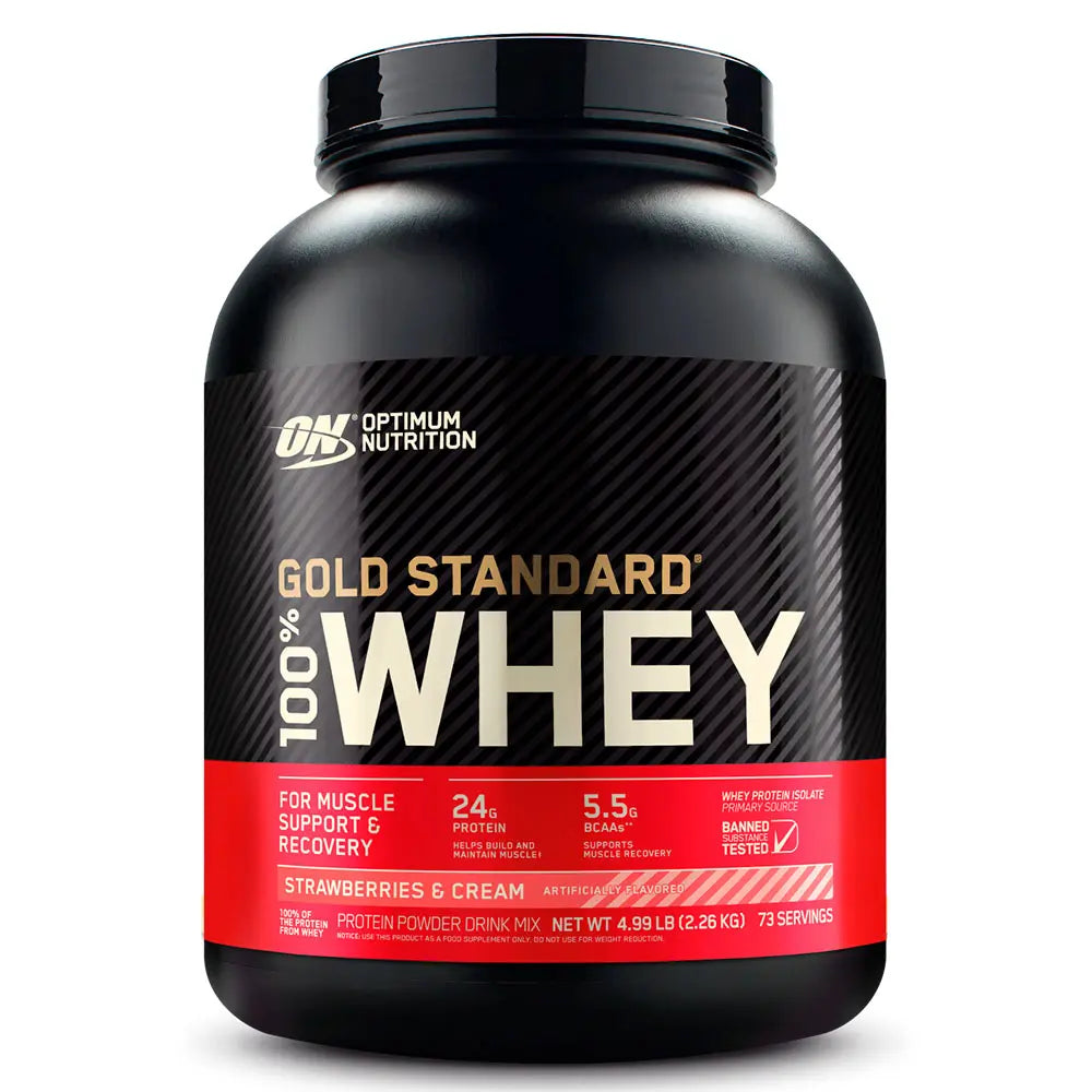 Proteína en polvo Gold Standard 100% Whey, sabor fresas y crema, para apoyo muscular y recuperación