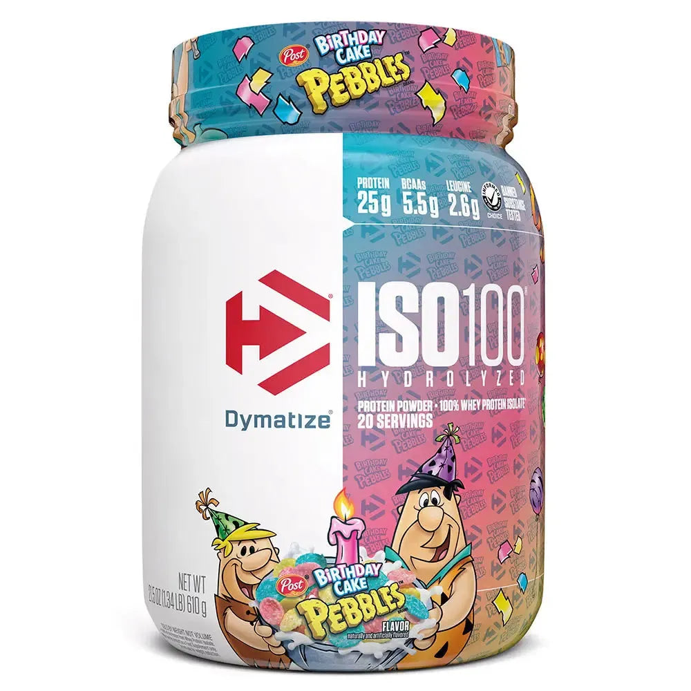 Proteína ISO100 sabor Birthday Cake Pebbles, 25g de proteína por porción, ideal para fitness y entrenamiento.