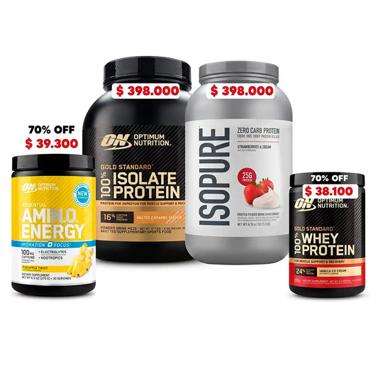 1 und Isolate 3 LB + 1 und Isopure 3 LB + 1 und Amino Energy Hydration 30 Serv (70% OFF) + 1 und Gold Standard 10 Serv (70% OFF)