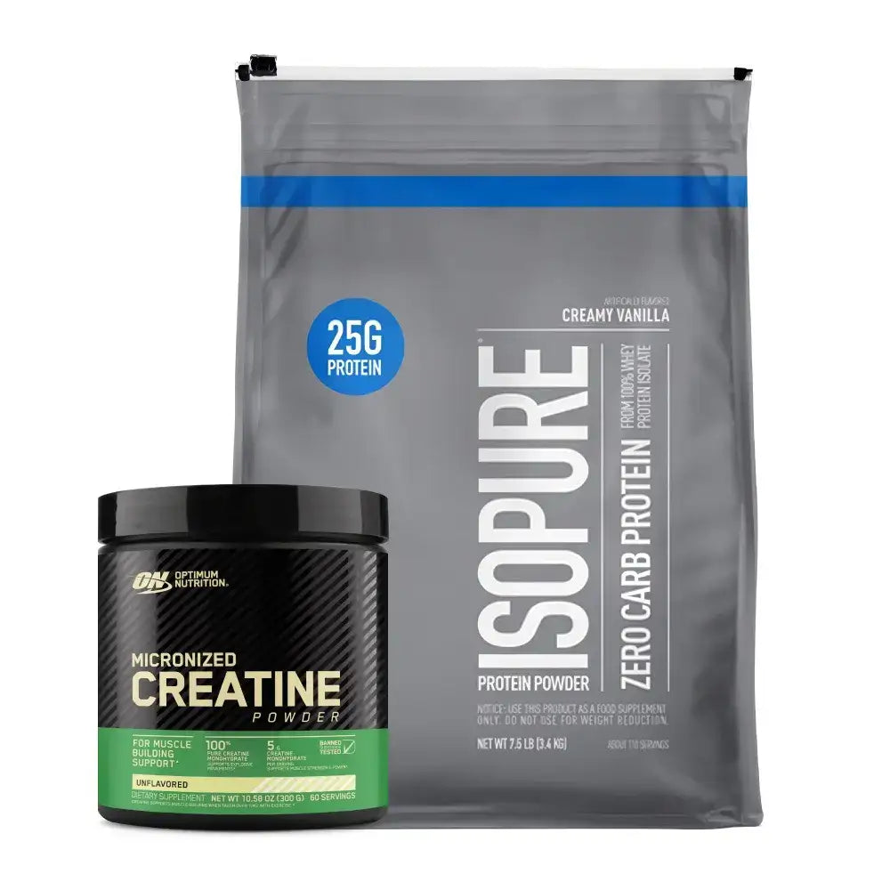 Suplementos fitness: proteína Isopure sabor vainilla y creatina micronizada Optimum Nutrition