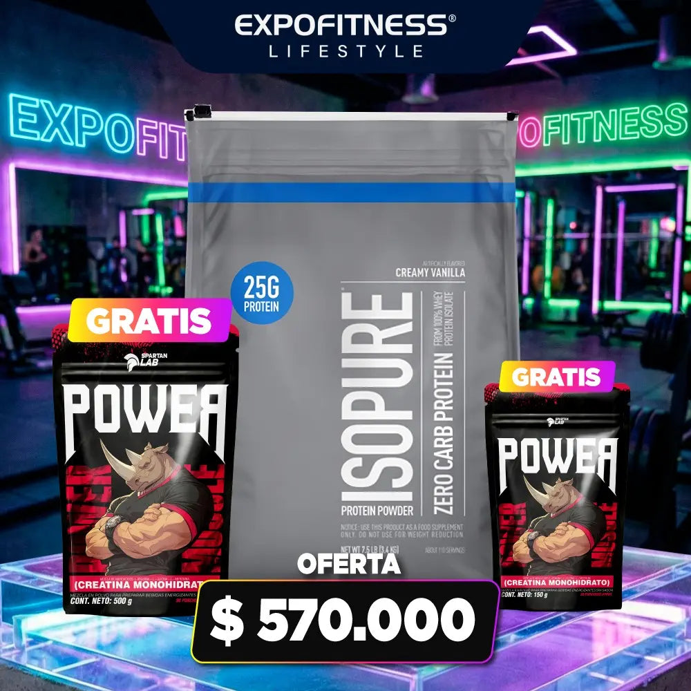 Oferta proteína Isopure 25g + creatina gratis, suplementos fitness en gym neon