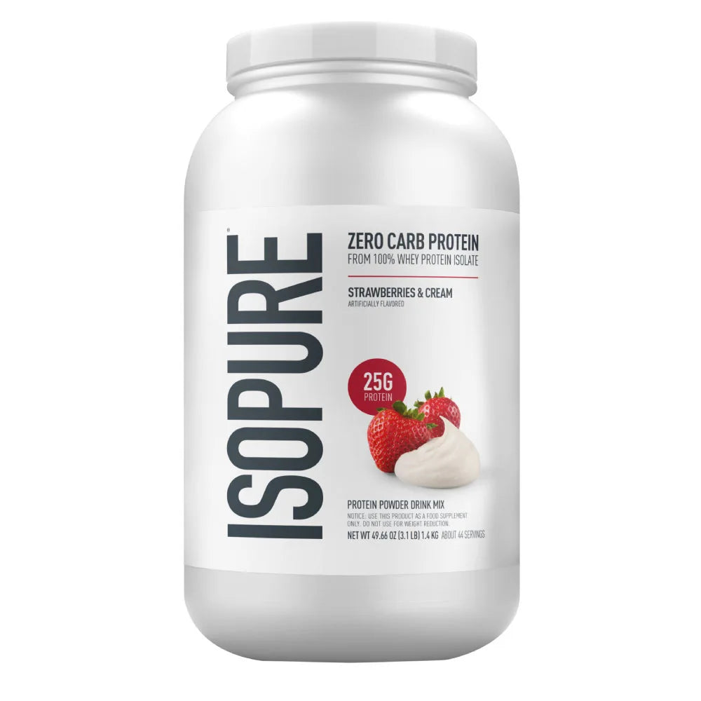 Proteína Isopure Zero Carb sabor fresas y crema, 25g de proteína por porción, suplemento deportivo