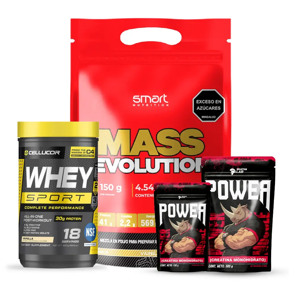 Suplementos deportivos: proteína Whey Sport, Mass Evolution y creatina Power para rendimiento y masa muscular