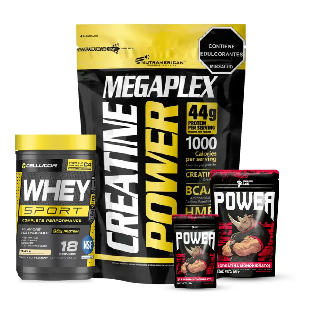 Suplementos deportivos: proteína Whey Sport, Megaplex y creatina monohidrato para rendimiento físico