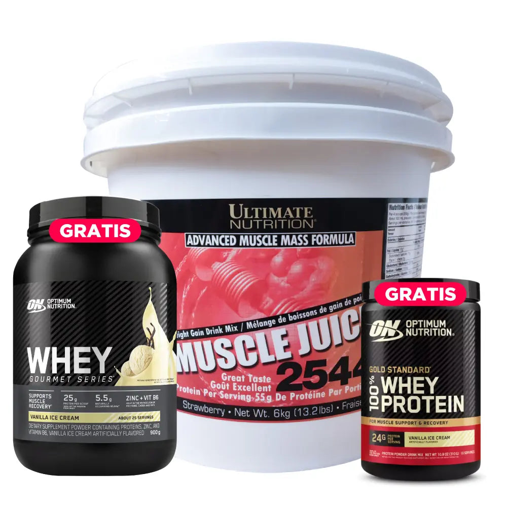 Muscle Juice 13 LB + Whey Gourmet 2 LB y Gold Standard 10 Serv (gratis)