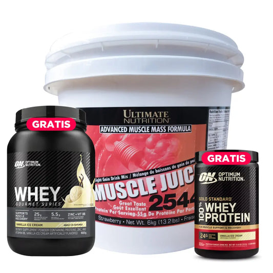 Muscle Juice 13 LB + Whey Gourmet 2 LB y Gold Standard 10 Serv (gratis)