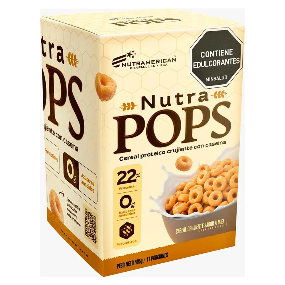 Cereal proteico Nutra Pops con caseína, 22% proteína, sin azúcares añadidos, sabor miel