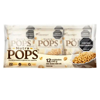 Nutra Pops cereal proteico crujiente con caseína, 12 unidades sabor miel, 22g proteína por porción