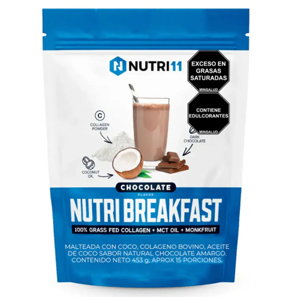 Suplemento Nutri Breakfast sabor chocolate con colágeno, aceite de coco y monkfruit para desayuno fitness