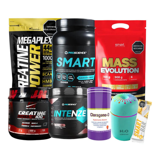 Megaplex 2 lb + Smart 3 lb + Mass Evolution 2 lb + Creatine Iron 500 gr + Intenze 14 serv + Clorágeno 90 caps + Obsequios - Zona FIT