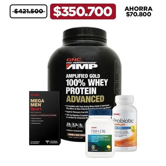 Oferta Gold 100% Whey 4.9 lb + Probiotic 100 Caps + Fish Oil 90 Softgels + Mega Men Sport 90 Caplets - Zona FIT