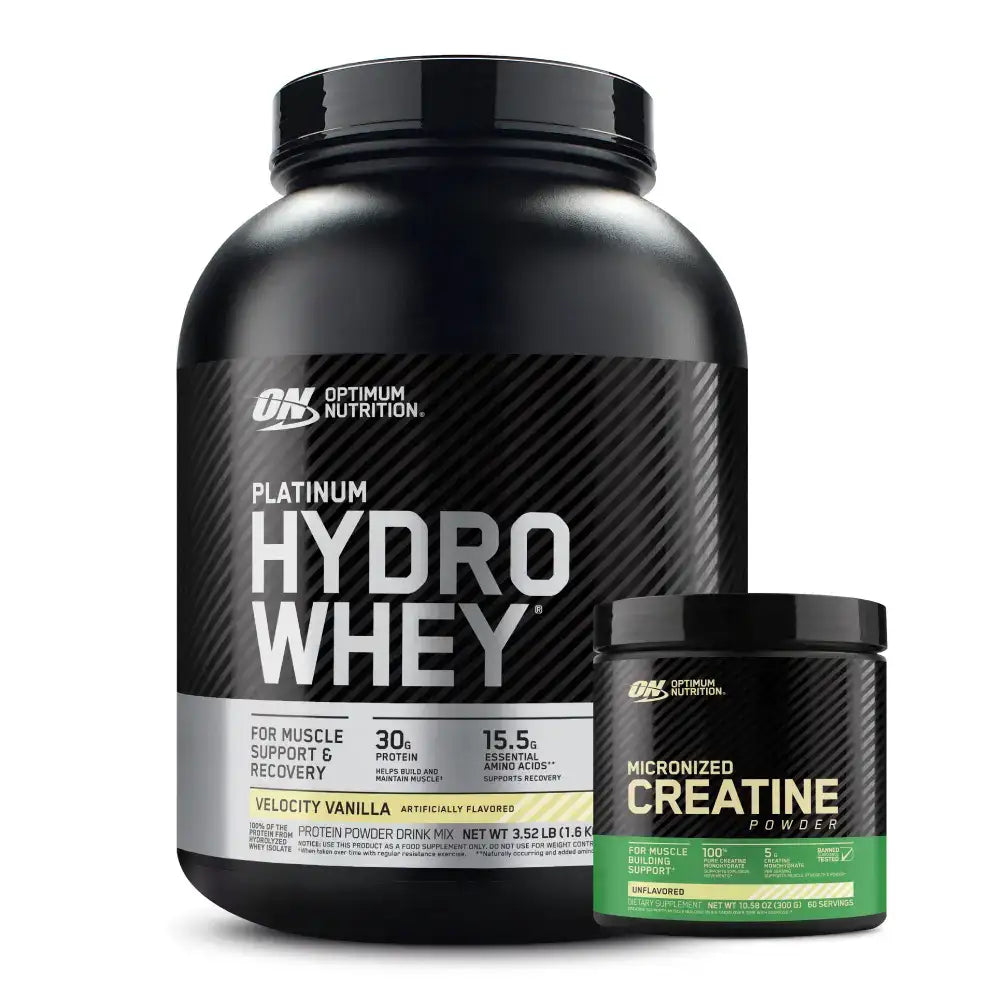 Suplementos deportivos Platinum Hydro Whey y Creatina Micronizada para apoyo muscular y recuperación