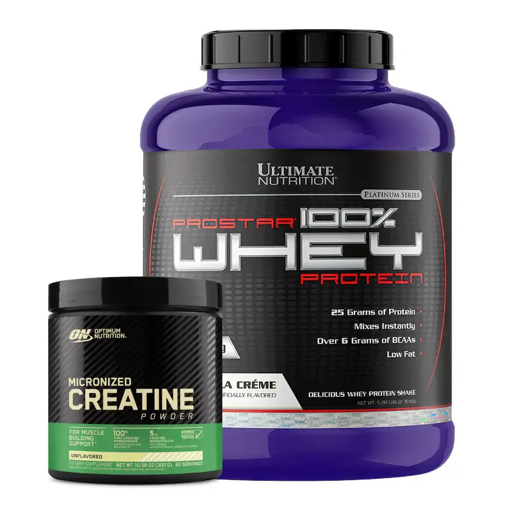 Proteína whey 100% y creatina micronizada para ganar masa muscular y rendimiento deportivo