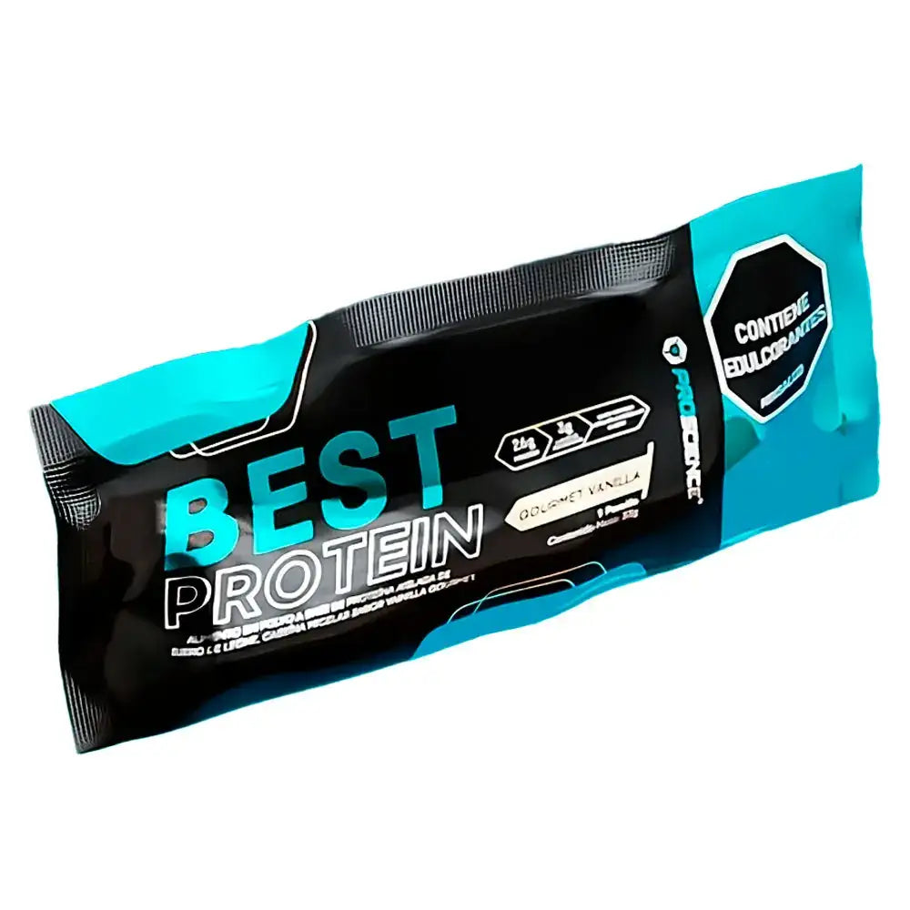 Barra de proteína Best Protein sabor vainilla gourmet, suplemento fitness con edulcorantes
