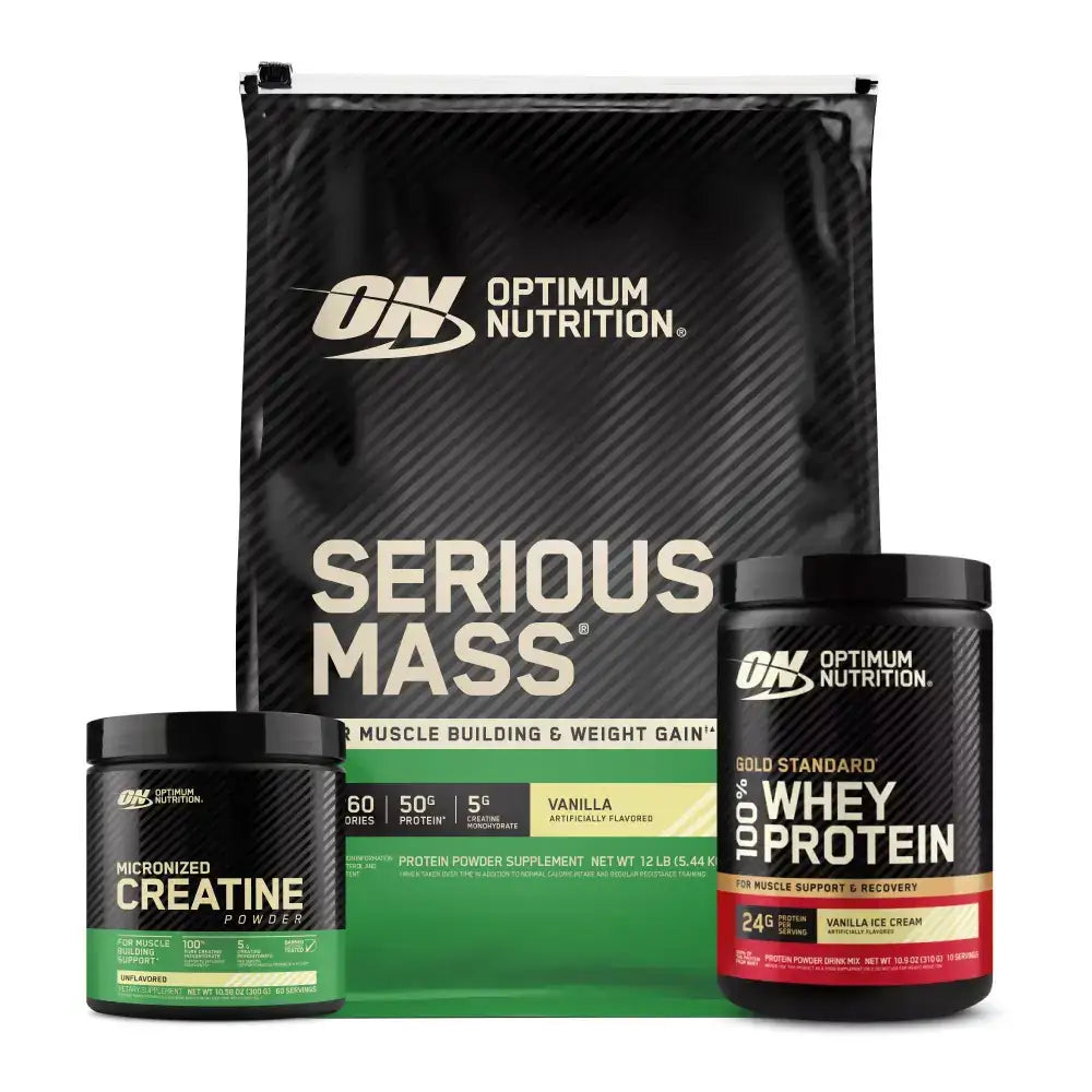 Suplementos Optimum Nutrition: Serious Mass, Whey Protein y Creatina para ganancia muscular y recuperación