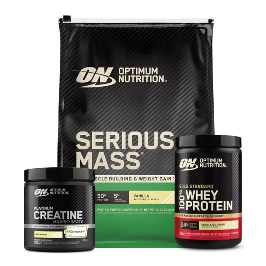 Serious Mass 12 LB + Gold Standard 10 Serv + Platinum Creatine Optimum 100 Serv (gratis)