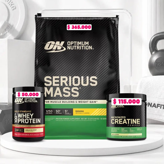 Serious Mass 12 LB + Gold Standard 10 Serv + Creatine Optimum 60 Serv (gratis)