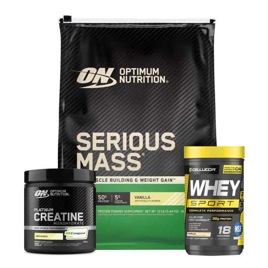 Serious Mass 12 LB + Whey Sport 18 Serv + Platinum Creatine Optimum 100 Serv