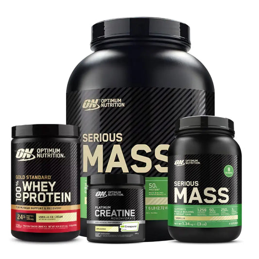 Serious Mass 3 LB y 6 LB + Gold Standard 10 Serv + Platinum Creatine Optimum 100 Serv