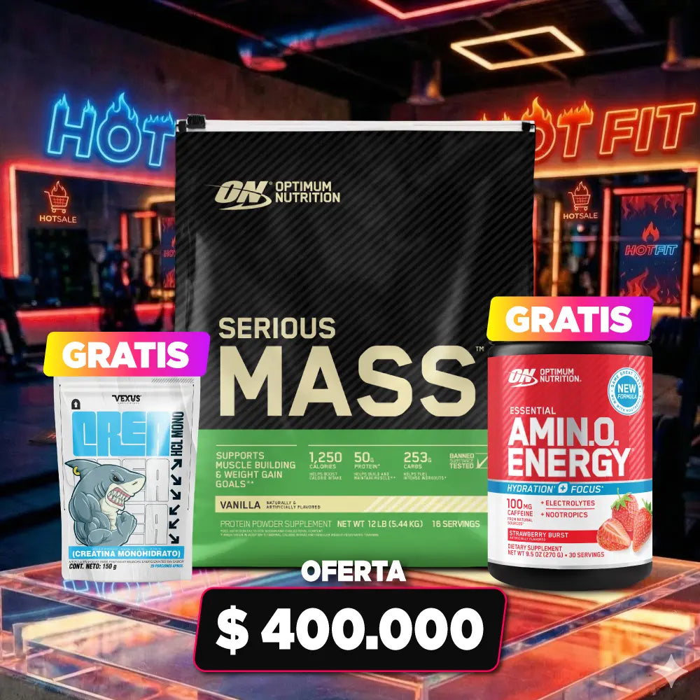 Oferta Serious Mass de Optimum Nutrition con creatina y aminoácidos gratis, ideal para ganar masa muscular