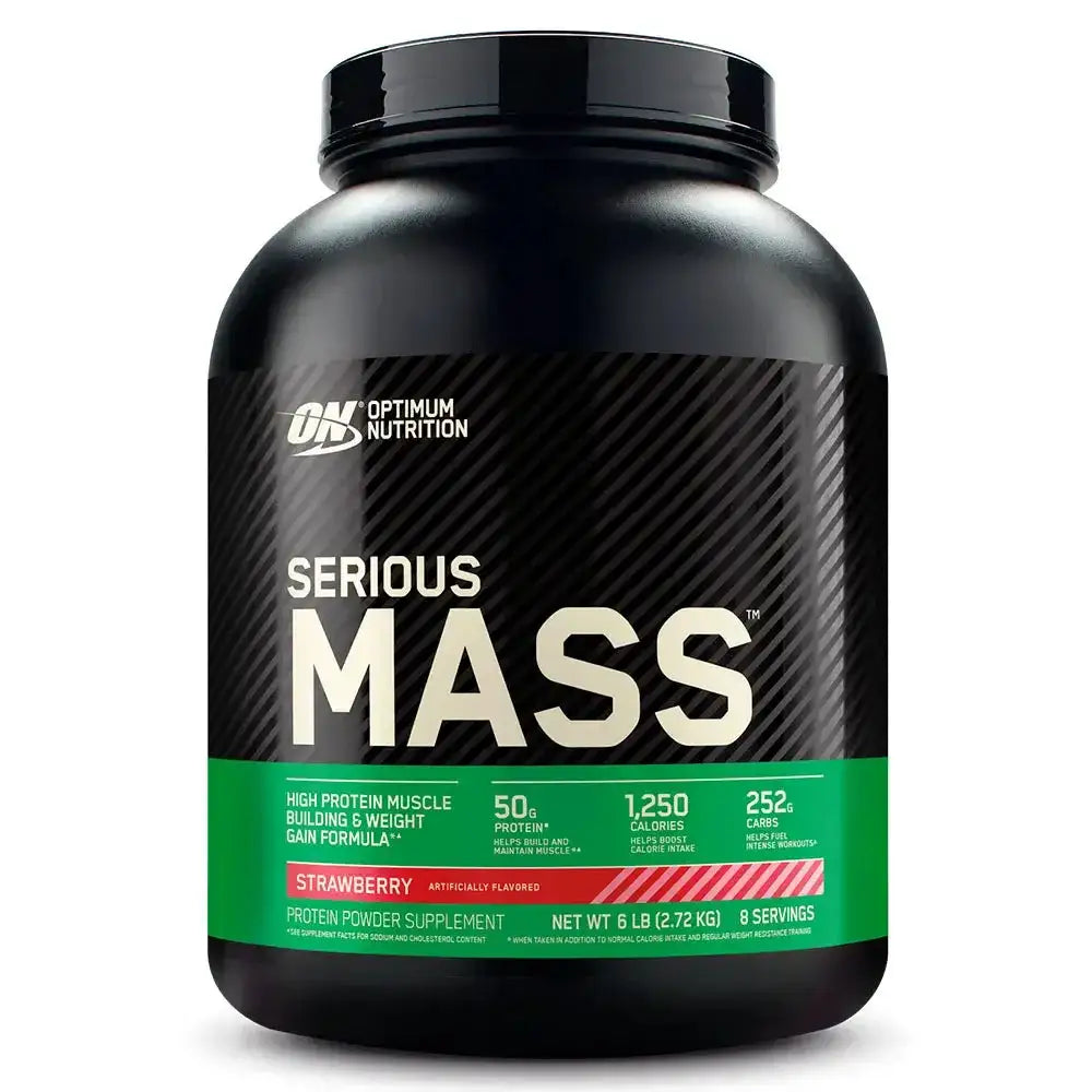 Suplemento proteico Serious Mass de Optimum Nutrition, fórmula para ganar masa muscular y peso, sabor fresa